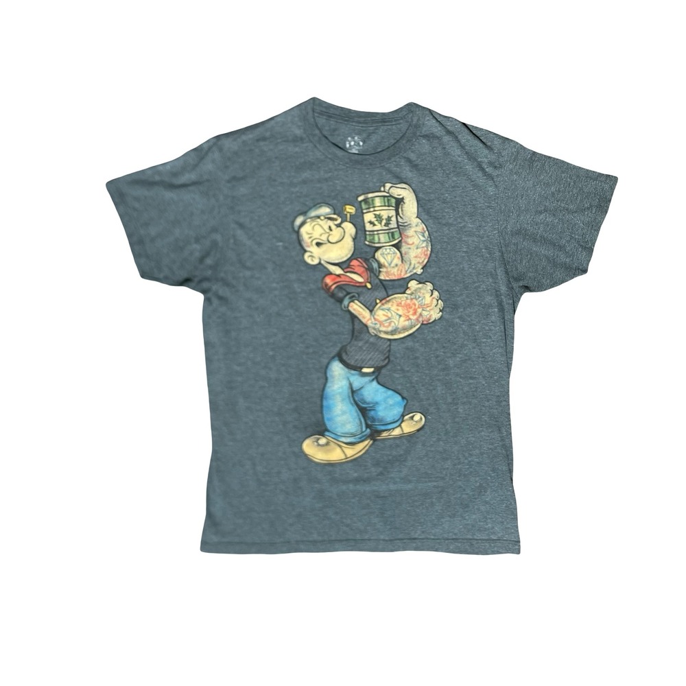Popeye the Sailor Man Graphic T-Shirt Mens Medium Charcoal Grey Tattoo Print